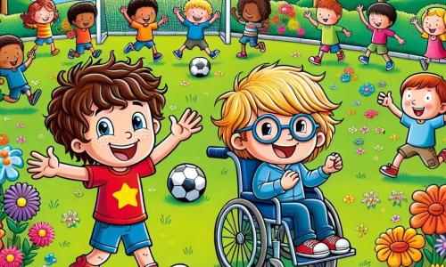 In einem sonnigen Park steht ein siebenjähriger Junge namens Max mit zerzausten braunen Haaren und einem roten T-Shirt neben seinem Freund Leo, einem Jungen mit blonden Haaren und Brille, der in einem eleganten blauen Rollstuhl sitzt. Max lächelt fröhlich, während Leo die Arme zur Ermutigung hebt. In der Nähe applaudiert Mia, ein Mädchen mit langen lockigen Haaren in einem rosa Kleid, begeistert. Sie ist von anderen Kindern umgeben, die Fußball spielen und mit strahlenden Gesichtern umherlaufen. Der Park ist voller bunter Blumen, großer grüner Bäume und eines strahlend blauen Himmels. Im Hintergrund haben eine Gruppe von Kindern Spaß daran, auf einer großen Tafel zu zeichnen und lebendige Farben und fröhliche Formen hinzuzufügen. Die Szene zeigt Max und Leo, vereint in Freundschaft, während sie die anderen Kinder ermutigen, gemeinsam zu spielen und ihre Unterschiede zu feiern, was das Thema Inklusion und Kameradschaft veranschaulicht.