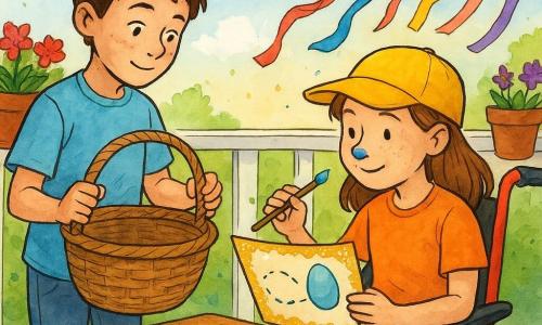 Dos niños de 8 años: Leo, chico de pelo castaño corto y pecas, con camiseta azul claro, sostiene con ambas manos una gran cesta de mimbre vacía; Mara, niña de piel clara con gorra amarilla y silla de ruedas de marco rojo, sostiene un pincel con una gota de pintura azul en la punta; están en un balcón soleado con barandilla blanca, macetas con flores rojas y violetas y cintas multicolores al viento; sobre la mesa hay huevos, pegatinas de conejos y una tarjeta con esquinas brillantes que destella como una campanilla; preparan una búsqueda de huevos de Pascua, la cesta espera a ser llenada, ambiente matinal alegre.