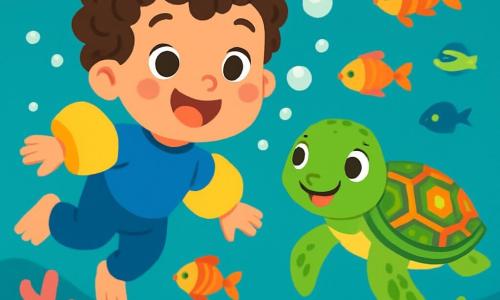 A 4-year-old boy named Leo, with curly hair and sparkling curious eyes, joyfully swims in turquoise water surrounded by shimmering bubbles. He wears a blue wetsuit and yellow floaties, his face radiating excitement and joy. Next to him is a friendly turtle named Tilly, with a green shell adorned with colorful patterns, smiling as she guides him through the underwater world. The background features a vibrant ocean filled with pink corals, colorful fish, and marine plants gently swaying with the waves. The main scene shows Leo and Tilly exploring an underwater path, where brightly scaled fish swim around them, creating a magical and adventurous atmosphere.