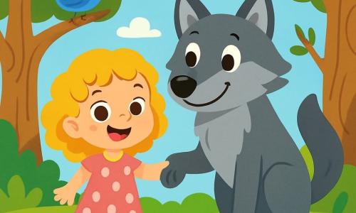 Een 4-jarig meisje, Lila, met grote sprankelende ogen en gouden krullend haar, glimlacht vrolijk terwijl ze de poot van een grote grijze wolf met een zachte vacht vasthoudt. Ze draagt een roze jurk met witte stippen en gele sandalen, en haar gezicht straalt nieuwsgierigheid en moed uit. De wolf, die vriendelijk lijkt, staat naast haar met een zachte blik en een warme glimlach. Op de achtergrond is een blauwe vogel te zien die op een tak zit en vrolijk zingt, met glanzende veren en ondeugende ogen. De lucht is helderblauw met donzige witte wolken. De scène speelt zich af in een prachtig toverbos, waar grote bomen met knoestige stammen en kleurrijke bloemen dansen in de wind. Zonne-stralen filteren door het loof en creëren dansende schaduwen op de met groen mos bedekte grond. Lila en de wolf staan in het midden van de scène, klaar om samen te spelen, wat een magisch moment illustreert waarin angst verandert in vriendschap.