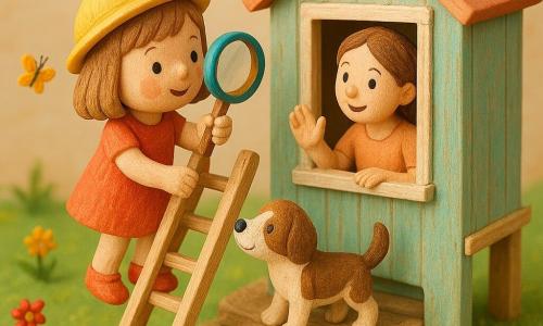 Niña de 4 años, alegre y concentrada, pelo castaño claro en corte bob, mejillas sonrosadas, con pequeño sombrero amarillo y zapatos rojos, sube una escala de madera contando los peldaños y sostiene una lupa colorida; un perrito marrón y blanco llamado Coco la sigue moviendo la cola justo detrás en los peldaños; una mamá de unos 30 años, sonriente y con el pelo recogido, se inclina en una ventana blanca al fondo haciendo un gesto de ánimo; jardín soleado con césped verde, flores de colores, mirador de madera pintado en tonos pastel con peldaños gastados, pequeñas piedras y una ramita en un peldaño; la niña ha llegado a la cima del mirador y mira con su lupa, rodeada de mariposas y con una mariquita roja en un peldaño, atmósfera delicada, colores suaves y textura de veta de la madera.