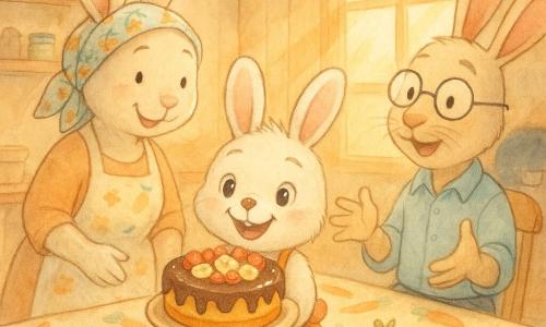 Personagem principal: um pequeno coelho (Bento), pelo branco e castanho claro, olhos brilhantes e sorriso largo, com um aventalinho às bolinhas laranja, segurando cuidadosamente um bolo redondo laranja e chocolate com uma gota de chocolate no nariz, ar entusiasmado e orgulhoso; personagem secundária: a mãe (Coelha Lídia), pelo creme, lenço floral no cabelo, avental florido, sorriso terno e mãos ainda com farinha, à esquerda do coelho, olhar encorajador; personagem secundário: o pai (Coelho Artur), coelho alto e magro com bigodes suaves e óculos redondos, sentado à direita da mesa, expressão surpresa e emocionada, braços semiabertos pronto para abraçar; local: cozinha-sala acolhedora em madeira clara, grande mesa com toalha de cenouras, forno aberto, raios de sol entrando pela janela, potes de especiarias e frutos dispostos ao redor do bolo; situação: entrega do bolo para o Dia dos Pais — Bento apresenta um bolo com cobertura de chocolate levemente escorrendo e círculo de morangos e bananas, atmosfera doce, alegre e íntima com gestos afetuosos e olhares cúmplices entre os três.