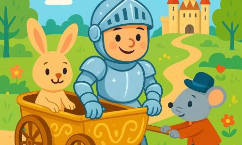 A brave knight, Sir Star, stands in the center of the image, wearing shiny armor that sparkles in the sun. He has a smiling and determined face, with kind, sparkling eyes. He is strongly pushing a small brass cart, where Lady Rabbit, an adorable bunny with large ears, looks on with hope. Next to them, Sir Mouse, a small mouse in an elegant hat, is also pushing the cart, showing an encouraging expression. In the background, a winding road lined with green trees and colorful flowers leads to a majestic castle with tall towers and fluttering flags. The scene depicts the moment they work together to free the cart from the mud, illustrating the spirit of teamwork and friendship.