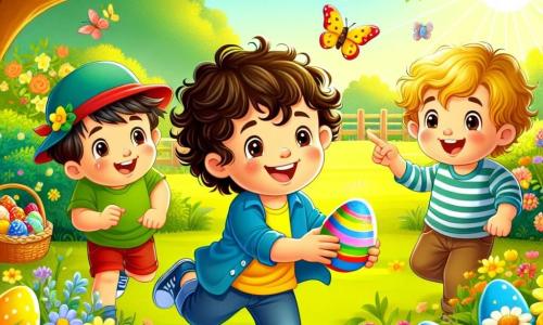 In a sunny garden, three boys are on an Easter egg hunt. Max, a 7-year-old with curly hair and a yellow t-shirt, is in the center, holding a colorful egg with a big smile. To his right, Leo, a 6-year-old with brown hair and sparkling eyes, jumps for joy while pointing at an egg hidden in the flowers. On the left, Sam, a 7-year-old with blonde hair and a blue t-shirt, crouches to pick up a shiny egg from the grass. The garden is filled with vibrant flowers, fluttering butterflies, and a large majestic tree in the background, under which lies a colorful picnic blanket. The three friends are following a series of mysterious clues to find hidden eggs, their faces glowing with excitement and curiosity, while a small squirrel watches them closely, intrigued by their adventure.