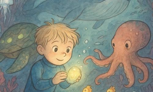 An 8-year-old boy with a round face, tousled sandy blond hair and bright curious eyes wears a blue wetsuit and holds a small glowing stone to his chest; behind him swims Tula, an old sea turtle with a broad shell dotted in green and turquoise light, head tilted encouragingly. To his left floats Pippa, a friendly coral-pink octopus with translucent shiny suckers, reaching out to guide him; ahead, two slender glowing seahorses, Flick and Finn, in yellow and orange, form a luminous trail, while Moro, a gentle blue-gray whale, looms in the background half-hidden by seaweed mist with a silent smiling mouth. They are in a passage beneath an old fishing shed turned underwater cavern—pink and purple coral walls, floating fluorescent jellyfish like lanterns, swaying seagrass and schools of silver fish—where the boy descends a rocky stair toward a bright coral arch and the stone intensifies its glow as silver bubbles rise and the animals gather around him in a warm, lively composition.