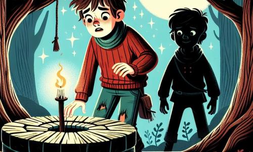 Um garoto de 12 anos, com cabelos castanhos bagunçados e olhos arregalados de medo, está à beira de um velho poço de pedra, seu rosto pálido iluminado pela luz de uma chama tremulante. Ele usa um suéter vermelho desgastado e uma calça jeans rasgada, suas mãos trêmulas segurando um velho candelabro. Ao seu lado, uma sombra amigável, a de um garoto da mesma idade, com cabelos negros e um sorriso tranquilizador, o encoraja a avançar, mantendo-se um pouco atrás, pronto para apoiá-lo. O lugar é uma floresta escura e nebulosa, onde grandes árvores com troncos retorcidos se erguem, suas ramificações formando silhuetas inquietantes contra o céu estrelado. Folhas secas cobrem o chão e uma leve névoa se eleva do solo, criando uma atmosfera misteriosa e ligeiramente assustadora. A situação principal mostra o garoto hesitante em abrir a tampa do poço, enquanto uma voz misteriosa parece sussurrar da escuridão abaixo, criando uma tensão palpável no ar.