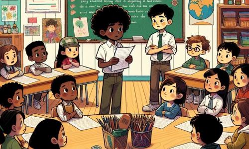 A 9-year-old boy, Ethan, with curly black hair and sparkling curious eyes, stands in the center of the image, looking determined yet a bit sad, holding a crumpled note in his hand. Next to him is his best friend Mia, a 9-year-old girl with straight short hair, smiling and full of energy, encouraging him with a friendly look. In the background, classmates of diverse backgrounds observe the scene with expressions of empathy and support. The setting is a colorful classroom at Maplewood School, with walls adorned with children's drawings and a large blackboard. Wooden tables are arranged in a circle, and art supplies are scattered across the tables, creating a warm and welcoming atmosphere. The main situation shows Ethan and Mia discussing the hurtful note Ethan found in his bag, surrounded by their classmates who are listening attentively, ready to support their friend and learn to fight against racism together.