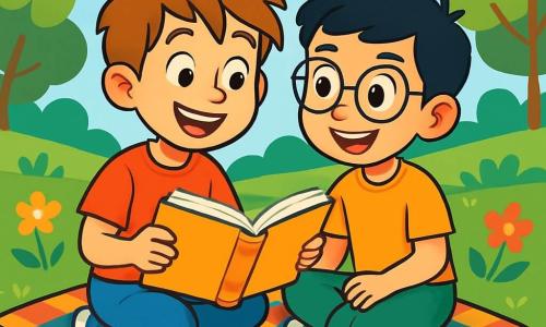 Een 10-jarig jongetje, Tom, met rommelig kastanjebruin haar en nieuwsgierige ogen, glimlacht vrolijk terwijl hij een open boek in zijn handen houdt. Naast hem kijkt Amir, een 10-jarig jongetje met zwart haar en ronde brillen, aandachtig naar het boek, zijn ogen stralend van opwinding. Ze zitten allebei op een kleurrijke geruite deken, omringd door groen, in een zonnig park waar de kleurrijke bloemen in de wind dansen. De scène straalt een sfeer van vriendschap en vreugde uit terwijl ze samen verhalen delen en lachen, wat de schoonheid van hun nieuwe vriendschap illustreert.