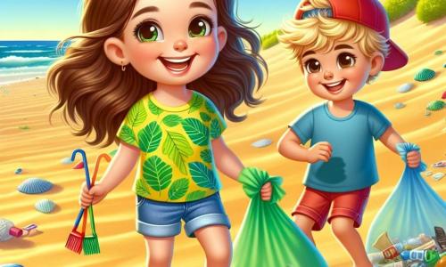 Uma menina de 8 anos, Clara, com longos cabelos castanhos e olhos brilhantes, sorri alegremente segurando um saco de lixo colorido nas mãos. Ela usa uma camiseta verde vibrante com um padrão de folha e um short jeans, mostrando seu entusiasmo pela proteção do meio ambiente. Ao lado dela, seu amigo Lucas, também de 8 anos, com cabelos loiros bagunçados e um grande sorriso, coleta lixo na areia, usando um boné vermelho e uma camiseta azul. A cena acontece em uma praia ensolarada, com ondas suaves quebrando na costa, conchas coloridas espalhadas na areia dourada e dunas de areia verdejantes ao fundo. Gaivotas voam no céu azul claro, adicionando vida ao ambiente. Clara e Lucas estão em plena ação, determinados a limpar a praia, cercados por sacos de lixo cheios de plástico e papéis. Suas expressões mostram grande satisfação e orgulho por cumprir uma missão importante para a natureza.