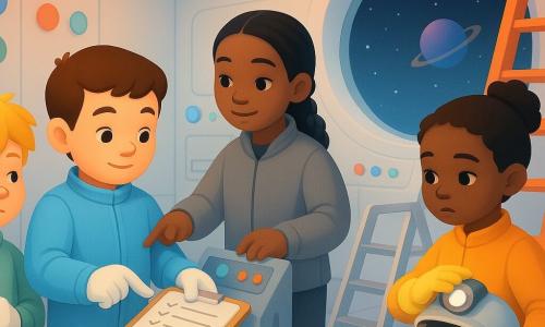 Ben, a childlike boy about 8 with a round face, short brown hair, a gentle smile and focused look, wears a light blue spacesuit with white gloves, holds a notebook and points to an open checklist; Mia, about 10 with braided black hair and a calm, kind expression, wears a gray instructor jacket, stands by Ben and points to the control panel; Luca, about 8 with tousled blond hair and a slightly disappointed but determined face, wears a green spacesuit, holds a tether and stands left of Ben; Noor, about 8 with brown skin and tied curly hair, looks thoughtful, wears yellow gloves and checks a helmet lamp at the group's right; they are in a large white training-ship–like room with smooth walls, round colored buttons, soft salmon and blue lights, and a painted round window showing stars and a small planet; the children calmly prepare to repair an imaginary antenna: a shiny metal ladder is set, a large orange ladder-stair is in the background, the tether is taut, and their movements are precise and cooperative.