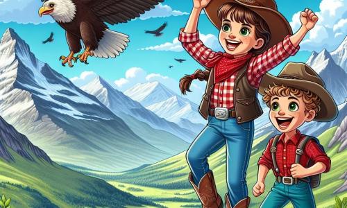 Clara, o fetiță curajoasă de aproximativ 10 ani, poartă o pălărie mare de cowboy, o cămașă în carouri roșii și o vestă din piele. Are părul brun prins într-o împletitură și un zâmbet larg pe față, exprimând entuziasm și determinare. Ea stă în picioare pe un vârf de munte, cu brațele ridicate în semn de victorie, privind spre orizont. Lângă ea se află Tim, un băiat de 10 ani cu părul creț și o șapcă de cowboy. El sare de bucurie, cu ochii strălucind de entuziasm, stând puțin în spate, admirând peisajul. Peisajul este spectaculos: munți măreți cu vârfuri acoperite de zăpadă se ridică în fundal, iar o vale verde se întinde în jos, presărată cu flori sălbatice colorate. Cerul este de un albastru strălucitor, cu câteva nori albi pufoși. Clara și Tim descoperă un vultur majestuos care plutește deasupra lor, gata să-i conducă spre o aventură incredibilă. Fețele lor sunt iluminate de uimire, în timp ce stau pe marginea stâncii, pregătiți să exploreze misterul munților.