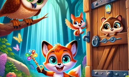 Ein kleiner Fuchs namens Felix mit leuchtend orangefarbenem Fell und neugierigen, funkelnden Augen steht vor einem alten Tor, hält einen glänzenden, bunten Schlüssel in seinen Pfoten. Er hat ein großes Lächeln im Gesicht, voller Aufregung und Staunen. Neben ihm schwebt eine weise Eule namens Ella mit braunen Federn und runden, schelmischen Augen leicht über ihm und beobachtet das Tor mit einem Ausdruck von Neugier und Intelligenz. Ein fröhliches Eichhörnchen namens Sina mit braunem Fell und einem buschigen Schwanz sitzt auf einem Ast und hüpft ungeduldig, bereit zu erkunden. Die Szenerie ist ein verzauberter Wald mit majestätischen Bäumen, leuchtend grünen Blättern und bunten Blumen, die den Boden bedecken. Ein sanfter Sonnenstrahl filtert durch die Äste und beleuchtet das alte Tor, das mit geheimnisvollen, funkelnden Mustern verziert ist. Die Hauptsituation zeigt Felix, der den Schlüssel ins Tor steckt, während seine Freunde ihn begeistert anfeuern, bereit, die Wunder zu entdecken, die hinter dieser magischen Tür verborgen sind.