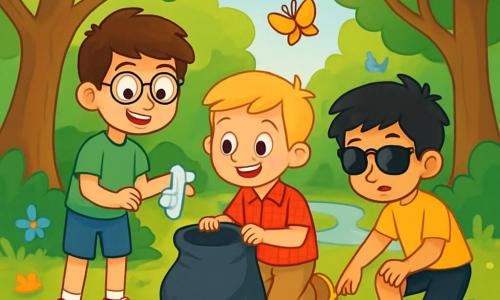 Er zijn 3 personages: - Tim: een 10-jarig jongen met bruin haar en ronde bril. Hij draagt een groene t-shirt en een blauwe short. Hij staat, glimlachend, een afvalstuk op te rapen met één hand. - Sam: een 9-jarig jongen met blond haar en sproeten. Hij draagt een rood geruit shirt en beige broek. Hij is in een hurkende positie, met een vuilniszak in de hand, klaar om afval erin te doen. - Joep: een 10-jarig jongen met zwart haar en een zonnebril. Hij draagt een gele t-shirt en een zwarte short. Hij wijst naar een afvalstuk op de grond, met een nieuwsgierige blik. De locatie is een mooie open plek in het hart van een groene bos. Grote bomen met schitterende groene bladeren omringen de ruimte, en een zachte zonnestraal filtert door de takken. In het midden glinstert een kleine beek, en kleurrijke bloemen bedekken de grond, wat een vleugje magie aan de scène toevoegt. De hoofdactie toont de drie vrienden die de open plek aan het schoonmaken zijn, afval oprapend en trots glimlachend. Ze zijn vastbesloten om de natuur te beschermen, en de sfeer is vrolijk en vol hoop, met vogels die zingen in de bomen en vlinders die om hen heen fladderen.