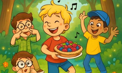 Er zijn 4 kinderen: Finn, een 10-jarig meisje met messy blond haar en sprankelende ogen, in het midden, glimlachend en enthousiast dansend in een rode t-shirt en blauwe short; Sam, een 9-jarig jongen met bruin haar en ronde bril, links van Finn, maakt een grappige gezichtsuitdrukking in een groen geruit overhemd en beige broek; Lucas, een 10-jarig jongen met zwart haar en een blauwe pet, rechts van Finn, maakt een komische gebaar met zijn armen in een gele t-shirt en spijkerbroek; Daan, een 9-jarig jongen met rood haar en sproeten, achter Finn, lacht en applaudisseert in een oranje t-shirt en groene short. De scène speelt zich af in een betoverende open plek in een weelderig bos, omringd door majestueuze bomen en kleurrijke bloemen, met een glinsterend beekje op de achtergrond en dansende vuurvliegjes in de lucht. De kinderen bereiden een verrassing voor Vaderdag voor, dansend en grimas makend, terwijl ze een prachtige taart met glanzend fruit en felle kleuren vasthouden, wat hun vreugde en saamhorigheid symboliseert.