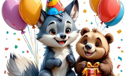 Un piccolo lupo di nome Lupoletto, con un morbido pelo grigio e occhi scintillanti di gioia, indossa un cappello colorato e tiene palloncini multicolori. Sorride ampiamente, circondato dai suoi amici. Accanto a lui, un orso bruno di nome Bruno, con un pelo setoso e un grande sorriso, tiene un grosso regalo tra le zampe, guardando Lupoletto con ammirazione. Più lontano, una volpe rossa di nome Vicky, con una coda folta e occhi maliziosi, danza gioiosamente, le orecchie ritte, piena di eccitazione. La scena si svolge in un parco incantato, pieno di fiori vivaci, grandi alberi verdi e giostre colorate che brillano sotto il sole. Lupoletto soffia sulle candeline della sua grande torta di compleanno, circondato dai suoi amici che cantano felici. Risate e gioia riempiono l'aria, mentre scintille di magia fluttuano intorno a loro, rendendo questo momento indimenticabile.
