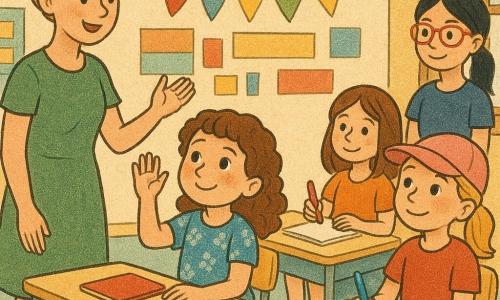 Ci sono 5 personaggi: Emma, bambina di circa 6 anni, capelli castani ricci, vestito a fiori blu, seduta in prima fila a sinistra che alza timidamentela mano con il volto arrossato; Sofia, circa 6 anni, capelli biondi a treccia, cappellino rosa, seduta a destra di Emma che la guarda sorridendo tenendo una matita blu; Giulia, circa 6 anni, capelli castani lisci, sorriso timido, seduta dietro Emma che giocherella con dei pennarelli rossi; Marta, circa 7 anni, capelli neri raccolti, occhiali rossi, in piedi vicino alla finestra a destra a osservare con benevolenza; l'insegnante Anna, donna di circa 30 anni, capelli biondi raccolti a chignon, vestito verde, in piedi davanti alla classe a sinistra con le braccia aperte e un sorriso dolce. L'aula è luminosa con pannelli colorati, un grande tappeto rotondo al centro, banchi in legno pastello, un "muro delle lingue" con banderine e parole colorate e grandi finestre che lasciano entrare una luce dorata. Situazione: scena calorosa di rientro in classe, Emma chiede di andare in bagno mentre gli altri la circondano incoraggianti e l'insegnante risponde sorridendo; colori vivaci, tratti morbidi e contorni netti.