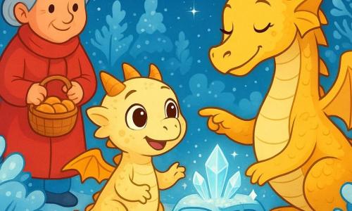 Un piccolo drago dalle squame color crema, con grandi occhi curiosi e un sorriso stupito, si trova in mezzo a un giardino d'inverno scintillante, osservando i cristalli di brina su un'auto. Accanto a lui, la sua mamma, una draghessa dolce con squame dorate e ali delicate, sorride teneramente mentre gli mostra le meraviglie dell'inverno. Sullo sfondo, la vicina, la vecchia signora Lina, con capelli argentati e un cappotto rosso, tiene un barattolo di biscotti, guardando la scena con benevolenza. Il giardino è coperto da un sottile strato di neve scintillante, gli alberi sono ornati di brina luccicante e il cielo è di un blu profondo, punteggiato di stelle scintillanti. La scena principale mostra il piccolo drago stupito dalla bellezza dell'inverno, condividendo un momento caldo con la mamma e la vicina, tutti uniti dalla magia della stagione.