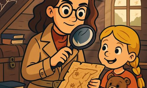 O detectivă, Vera, de aproximativ 30 de ani, cu părul ondulat și brunet și ochelari rotunzi, stă în centrul scenei, având un aer hotărât și curios. Ea poartă un trench bej și ține o lupă în mâna dreaptă, examinând o hartă veche cu detalii intrigante. Lângă ea, o fetiță, Ilinca, de 8 ani, cu părul blond împletit și un zâmbet jucăuș, se uită cu fascinație la hartă, strângând un ursuleț de pluș în brațe. Mediul lor este un pod vechi și prăfuit, plin cu valize vechi, cărți îngrămădite și pânze de păianjen, cu o lumină blândă care pătrunde printr-o fereastră murdară, creând o atmosferă misterioasă. Situația principală îi arată pe Vera și Ilinca în plină anchetă, descoperind indicii ascunse în pod, înconjurate de emoția de a rezolva un mister.