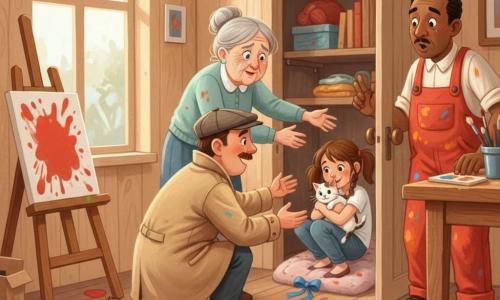 Un detectiv cu față rotundă și mustață subțire, privire concentrată și zâmbet calm, îngenuncheat în fața unui dulap din lemn deschizându-i ușa; o fată de circa 10 ani, cu părul brun în coadă, timidă și jucăușă, stă în dulap pe o pătură ținând strâns o pisicuță albă pătată cu o panglică albastră; o femeie în vârstă de ~60 de ani, cu părul gri prins, întinde brațele emoționată spre pisicuță; un bărbat de ~45 de ani, pictor în salopetă pătată cu vopsea roșie, stă surprins dar ușurat lângă o masă încărcată; atelierul mic și cald are pereți de lemn deschis, o fereastră cu lumină blândă, un șevalet cu pânză pătată în roșu, cutii cu panglici albastre, borcane de vopsea deschise și podea presărată cu picături de culoare; scena principală este descoperirea: ușa dulapului deschisă, fata și pisicuța dezvăluite, detectivul zâmbind ușor, ceilalți adunați în jur, atmosferă senină și colorată, texturi de guașă vizibile, tușe groase de pensulă și culori vii.
