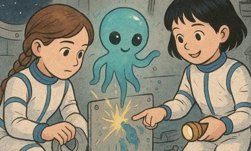 Há três personagens: Lia, 10 anos, trança castanha, macacão espacial branco com detalhes azuis, agachada à esquerda segurando um rolo de fita isolante prateada ao olhar para um painel faíscante; Sofia, 10 anos, cabelo preto curto e sorriso curioso, macacão idêntico, à direita com uma pequena lanterna amarela apontando para marcas azuis na carcaça; e Nunu, criatura extraterrestre com corpo translúcido azul-esverdeado, olhos brilhantes e tentáculos flexíveis, flutuando entre as meninas e tocando o painel com um tentáculo emitindo um fraco halo luminoso. Local: interior/exterior misto de uma estação espacial circular (setor 17) com carcaça metálica cinza, placas aparafusadas, painéis solares ao fundo, grandes escotilhas redondas mostrando céu estrelado, plantas em vasos flutuando e cabos e ferramentas espalhados. Situação: as meninas ajudam o extraterrestre a reparar um fio faiscante na carcaça, há marcas azuis gelatinosas nas placas, um pequeno módulo de passeio transparente ao lado e faíscas amarelo-âmbar ao redor do painel reparado.