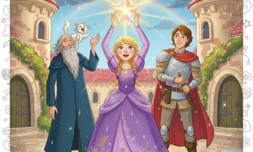 Prinses Lila in het midden, stralend en vastberaden met blonde vlechten en een paarse jurk vol avontuurlijke stofvlekken, houdt een groot sterachtig kristal dat warm meerkleurig licht uitstraalt en de storm bedwingt; links Merlijn, oude man met donkerblauwe mantel en grijze baard, blaast een vonkje magie; rechts prins Felix, jonge man in lichte harnas met gouden motieven en rode cape, kijkt bewonderend en houdt zijn zwaard omhoog; Flonkel de witte kat miauwt op Lila's schouder; locatie: lichte stenen kasteelhof met roze daken, nat geplaveide grond en wegtrekkende donkere wolken waarboven een regenboog verschijnt; sfeer: triomfantelijk moment met kristallen licht dat door de wolken breekt, fonkelende regendruppels en opgeluchte blije gezichten; stijl: felle contrasterende kleuren, zachte ronde lijnen, zichtbare stoftexturen en speelse kindertekeningen (sterren, hartjes, wolken) als overlay.