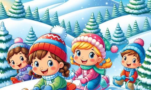 Vier blije vrienden staan op de top van een besneeuwde heuvel. Emma, een zesjarig meisje met bruin haar en vlechten, glimlacht terwijl ze een mooie rode slee vasthoudt. Lucas, een zesjarige jongen met blond haar en roze wangen, kijkt opgewonden terwijl hij zich voorbereidt om te glijden. Sophie, een zesjarig meisje met krullend haar en een blauwe muts, is klaar om naar beneden te gaan met haar blauwe slee. Ten slotte staat Sam, een zesjarige jongen met kastanjebruin haar en een ondeugende glimlach, naast hen met een groene slee.

Het landschap is betoverend: een heuvel bedekt met een dikke laag glinsterende sneeuw onder de zon, omringd door hoge dennenbomen vol sneeuw. De lucht is helderblauw, met hier en daar wat luchtige witte wolken.

De vrienden staan op het punt om een race naar beneden te maken, lachend en elkaar aanmoedigend, klaar voor een avontuur vol vreugde en spanning in deze prachtige winter.