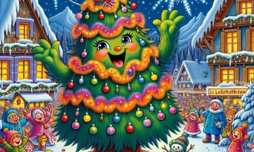 Im Zentrum des Bildes steht ein großer, bunter Weihnachtsbaum namens Tanne, dessen grüne Zweige mit funkelnden Lichtern und glänzenden Kugeln geschmückt sind und der mit einem warmen Lächeln Freude ausstrahlt, während er seine Zweige zum sternenklaren Himmel hebt. An seiner Seite tanzt ein kleiner Schneemanngeist namens Flöckchen, der wie eine niedliche Schneeflocke aussieht, mit funkelnden Augen und einem schelmischen Lächeln, fröhlich in der Luft, umgeben von kleinen Schneeflocken. Im Hintergrund ist ein verschneites Dorf, das von bunten Lichtern erleuchtet wird, mit Holzhäusern, deren Dächer mit Schnee bedeckt sind, und Kindern, die Schneemänner bauen. Die Szene spielt sich auf dem Dorfplatz ab, wo die versammelten Bewohner in bunten Mänteln lachen und sich auf die Feier des Neujahrs vorbereiten. Tanne und Flöckchen sind in voller Aktion, bereit, das neue Jahr mit ihren Freunden zu begrüßen, während ein großer, katzenförmiger Ball fröhlich über ihnen schwebt und dieser festlichen Feier einen Hauch von Magie verleiht.