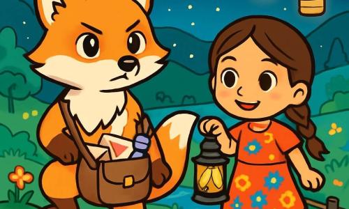 A golden-furred fox with bright, curious eyes stands on a small promontory, looking determined yet gentle. It carries a small messenger bag filled with letters and treats, ready to deliver messages of comfort. Beside it, a little girl with braided brown hair and an encouraging smile holds a lantern that lights their path. She wears a colorful flower-adorned dress and seems full of hope. The setting is a lush valley dotted with wildflowers and small trees, beneath a starry sky illuminated by hanging lanterns. In the distance, an old, slightly worn wooden bridge crosses a sparkling river. The main scene shows the fox and the girl preparing to cross the bridge, joining forces to bring messages of peace and hope to the valley's inhabitants.