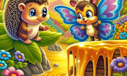 Un pequeño erizo llamado Tito, con una coraza de púas brillantes y ojos chispeantes de curiosidad, se encuentra al borde de un magnífico arroyo de miel dorada, luciendo maravillado y un poco dudoso. A su lado, una mariposa colorida llamada Lila, con alas de patrones brillantes en azul y violeta, vuela alegremente, lista para darle consejos. El escenario es un claro de bosque encantado, lleno de flores vibrantes y colores intensos, donde los rayos del sol se filtran a través de las hojas de los árboles, creando una atmósfera mágica. Tito se prepara para cruzar el arroyo de miel, usando grandes hojas verdes como un puente, mientras Lila lo anima con una sonrisa amistosa.