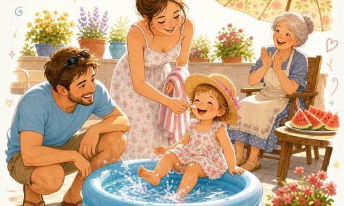 Una niña de 2 años, alegre y curiosa, con mejillas redondas y sonrisa brillante, lleva un pequeño sombrero de paja con lazo rosa y un vestido ligero de flores; está sentada en el borde de una pequeña piscina hinchable azul claro y salpica el agua con los pies. Una mujer adulta (madre, ~30 años), de rostro dulce y piel clara, le aplica crema solar en la nariz, de pie junto a la piscina con una toalla a rayas. Un hombre adulto (padre, ~32 años), con barba ligera y gafas de sol en la cabeza, está agachado junto a ellas, riendo y mirando a la niña jugar. Una abuela (mujer, ~65 años), cabello gris recogido en un moño y con delantal, aplaude sentada en una silla de madera bajo una sombrilla floral. El patio soleado tiene losas frescas, una mesa de madera con una bandeja de rodajas de sandía jugosa y macetas de flores; la atmósfera es veraniega y suave con luz dorada, sombras cortas, gotas de agua brillando y pequeños doodles de conchas y soles para un efecto infantil. La escena principal muestra a la niña valiente sumergiendo primero un pie y luego el otro en el agua, con salpicaduras animadas, risas y ligero movimiento de las hojas y un pequeño ventilador al fondo.