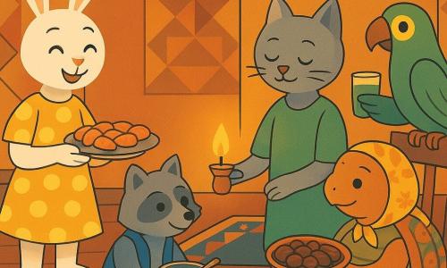 Zizi, uma pequena coelha de orelhas longas brancas e pelo amarelo às bolinhas, sorri segurando um prato de bolinhos de cenoura e mel; Nuno, um ratinho cinza com colete azul, está sentado num almofadão segurando uma tigela de sopa, tímido e agradecido; o señor Amir, um gato gris elegante de bigodes brancos e avental verde, está perto da lâmpada de cobre estendendo a mão para a pequena lamparina que Lina, uma gata miúda de pelagem creme corada e aliviada, segura; a dona Salma, uma tartaruga redonda com lenço florido, oferece um prato de tâmaras com amêndoas; Paco, um papagaio verde vivo, pousa no encosto de uma cadeira com um copinho de suco; a sala comum é acolhedora, com mesa baixa de madeira escura, tapetes coloridos, almofadas bordadas, paredes com padrões geométricos e luzes douradas; cena de partilha ao fim do dia para o Ramadã em torno da lamparina central, atmosfera calorosa e gestos de partilha.