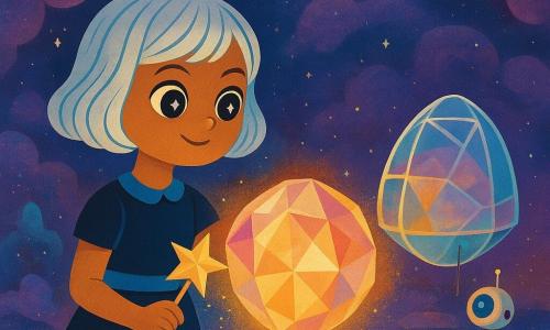 Uma jovem chamada Luna, olhos grandes e brilhantes cor de cometa, cabelo curto prateado como fios de estrela, rosto curioso e decidido, segura uma varinha em forma de estrela e toca um grande cristal flutuante no centro, sorrindo serenamente com postura confiante; um guardião cristalino não humano, esfera translúcida de facetas rosa e douradas pulsantes, emite uma luz suave ao redor de Luna e paira acima do chão de vidro; ao fundo a pequena nave de cristal Estrela Rápida, casco transparente com reflexos arco-íris, está atracada perto de um caminho luminoso, enquanto um pequeno drone acompanhante voa junto à entrada; o lugar é uma clareira no coração de uma nebulosa, vapores azul-violeta e malva em turbilhão, partículas cintilantes como pó de ouro, estalactites de cristal suspensas e chão espelhado refletindo as cores; a cena mostra Luna restaurando o equilíbrio ao apoiar a varinha no cristal gigante, espalhando uma onda de luz dourada e filamentos luminosos que transformam as sombras em halos coloridos.