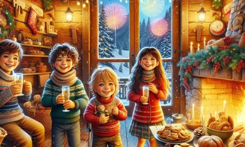 In una calda e accogliente baita di legno, quattro bambini si preparano a festeggiare il Capodanno. Marco, un ragazzo di dieci anni con i capelli ricci e un sorriso splendente, è al centro, con un bicchiere di spumante analcolico in mano, circondato dai suoi amici. A destra c'è Sara, una ragazza di dieci anni con lunghi capelli castani e occhi vivaci, che ride mentre sistema una ghirlanda di luci colorate attorno al collo. A sinistra, Andrea, un ragazzo di dieci anni con una protesi alla gamba, sorride felicemente tenendo un piatto di biscotti. Infine, Luca, un ragazzo di dieci anni con capelli biondi e occhiali rotondi, si sporge dalla finestra, incantato dai fuochi d'artificio che illuminano il cielo notturno. La baita è decorata con luci scintillanti e palloncini colorati, con un grande camino acceso che riscalda l'atmosfera. I bambini, impazienti e gioiosi, si preparano a brindare al nuovo anno, circondati da risate e calore, mentre i fuochi d'artificio esplodono nel cielo, simboleggiando l'inizio di un anno pieno di avventure e amicizia.
