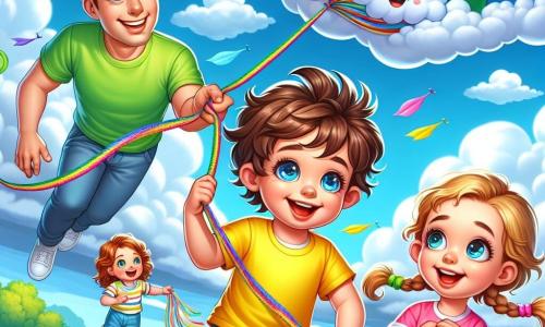 Un băiețel de 2 ani, cu părul brun și ochii plini de curiozitate, zâmbește larg ținând o frânghie colorată care leagă un balon în formă de nor. Poartă un tricou galben și o pereche de pantaloni scurți albaștri, iar fața lui exprimă o bucurie radiantă. Lângă el, sora sa Ana, o fetiță de 4 ani cu părul blond împletit și o rochiță roz cu buline, privește cerul cu uimire, ținând o pătură colorată. Tatăl lor, un bărbat zâmbitor de aproximativ 30 de ani, cu o barbă ușoară și un tricou verde, stă în spatele lor, ținând ferm balonul, în timp ce mama lor, o femeie blândă de aproximativ 28 de ani, cu părul castaniu și o rochie albastră, îi încurajează cu un zâmbet larg. Cerul este de un albastru strălucitor, presărat cu nori pufoși, iar dedesubt se întinde un câmp verde vast cu flori colorate. La distanță, se vede o pădure densă și un pârâu strălucitor. Situația principală arată băiețelul și familia sa ridicându-se în aer cu balonul, înconjurați de râsete și excitație, pregătiți pentru o aventură magică deasupra norilor.