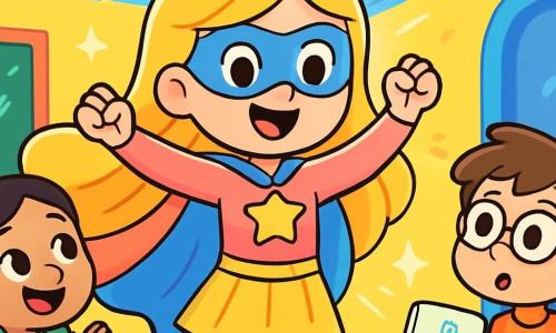 Brillina, una superheroína, se encuentra en el centro de la imagen, con una gran sonrisa y ojos llenos de alegría. Su largo cabello dorado brilla como rayos de sol, y su capa multicolor ondea detrás de ella, cambiando de rosa a azul según su estado de ánimo. Levanta los brazos, lista para actuar, rodeada de una luz brillante. A su derecha, un niño de 8 años llamado Lucas, con cabello castaño desordenado y gafas redondas, mira a Brillina con admiración. Sostiene un pequeño cuaderno donde dibuja superhéroes. A su izquierda, una niña de 7 años llamada Mia, con trenzas negras y un vestido verde, sonríe y aplaude, con los ojos brillantes de emoción. La escena tiene lugar en una escuela mágica, con paredes de colores vivos, estrellas y nubes flotantes en el techo, y murales llenos de dibujos de superhéroes. Luces brillantes iluminan la habitación, creando un ambiente alegre y dinámico. La situación principal muestra a Brillina y los niños reaccionando a un ruido extraño que proviene del exterior, con expresiones curiosas y algo preocupadas, listos para descubrir lo que sucede.