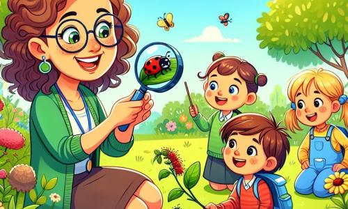 La scena mostra un'insegnante, Madame Lucia, una donna sulla trentina con capelli ricci castani e occhiali rotondi. Sorride calorosamente, con gli occhi pieni di entusiasmo, mentre si china per osservare un gruppo di bambini nel giardino della scuola. Tra i bambini c'è Marco, un ragazzo di 8 anni con capelli castani e occhi curiosi, che tiene una lente d'ingrandimento e guarda una coccinella su una foglia. È seduto sull'erba, circondato dai suoi compagni, tutti affascinati dalla scoperta. Il giardino della scuola è un luogo vibrante, pieno di fiori colorati, alberi frondosi e insetti ronzanti. Il sole splende, illuminando il paesaggio e creando un'atmosfera gioiosa e accogliente. La situazione principale mostra Madame Lucia che guida i suoi alunni in un'esplorazione scientifica, incoraggiando la loro curiosità mentre li aiuta a osservare la natura che li circonda.