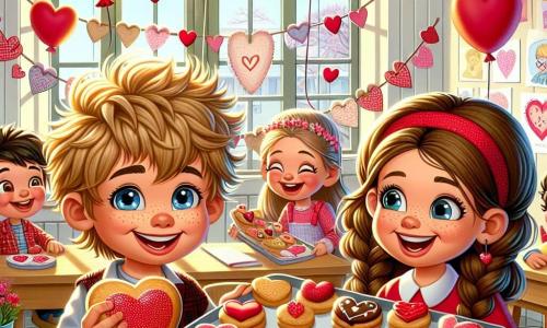 Ci sono due personaggi principali: Leo, un ragazzo di sei anni con capelli biondi arruffati e occhi azzurri, che sorride felicemente tenendo un grande biscotto a forma di cuore decorato con glassa rossa. Accanto a lui c'è Mia, una ragazza di sei anni con lunghi capelli castani e trecce, che ride tenendo un vassoio pieno di piccoli biscotti colorati. La scena si svolge in un'aula luminosa e accogliente, decorata con festoni di cuori di carta e palloncini rossi. I muri sono adornati con disegni di bambini che rappresentano cuori e fiori, e una grande finestra lascia entrare la luce del sole. Leo e Mia sono circondati dai loro compagni di classe, tutti sorridenti e felici, mentre condividono biscotti e biglietti di San Valentino. L'atmosfera è festosa e piena di risate, illustrando lo spirito di amicizia e amore che regna in questo giorno speciale.