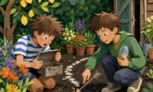 Hay dos personajes principales: Nico, un chico de 12 años con pelo castaño despeinado, camiseta de rayas azul y blanca y rodillas con tierra, a la izquierda junto a un parterre; sostiene y mira con asombro una pequeña caja metálica abierta que contiene un papel colorido, una pluma azul y un huevo brillante. Bruno, otro chico de 12 años con pelo castaño corto y sudadera verde, a la derecha agachado, sonriente, tiene un huevo transparente con purpurina en el bolsillo y señala con una flecha un pequeño palito de madera plantado en la tierra. Lugar: jardín de patio soleado con un limonero a la izquierda, seto al fondo, macetas alineadas, un cobertizo de madera a la derecha y caminos de pequeñas flores blancas; texturas de papel recortado, sombras marcadas y colores vivos. Situación: ambiente de sorpresa y curiosidad por el descubrimiento de la caja en la tierra, luz suave de mañana y pequeñas semillas y polvo alrededor.