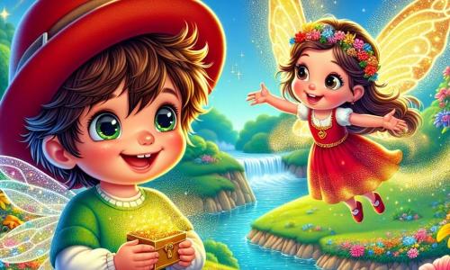 Un niño de 4 años, Lucas, con cabello castaño desordenado y una gran gorra roja, sonríe con ojos brillantes de emoción. Se encuentra en el centro de la imagen, sosteniendo una pequeña caja dorada, rodeado de polvo brillante que se eleva a su alrededor. A su lado, una pequeña hada llamada Lila, de aproximadamente 6 años, con alas brillantes y un vestido de pétalos de flores coloridas, vuela alegremente. Ella sonríe a Lucas, animándolo a explorar el mundo mágico que los rodea. En el fondo, la escena transcurre en una isla encantada, con flores multicolores danzando al viento y un cielo azul brillante iluminando el paisaje. Ríos cristalinos serpentean a través de colinas verdes, y estrellas brillantes aparecen en el cielo, incluso de día, añadiendo un toque de magia al entorno. La situación principal muestra a Lucas y Lila, listos para la aventura, con expresiones de alegría y curiosidad mientras se dirigen hacia la misteriosa Cueva de las Estrellas, donde conocerán a un dragón benévolo.