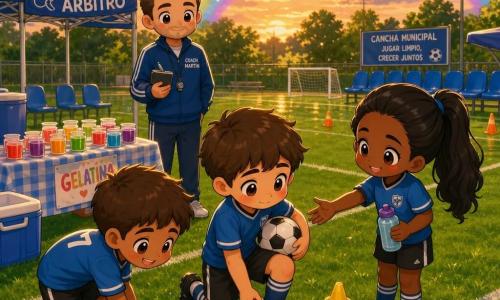 Joven (Leo), tímido pero decidido, rostro redondo, pelo corto castaño, mejillas sonrojadas, arrodillado recogiendo conos de plástico mientras sostiene un balón de fútbol blanco y negro contra el muslo; a su derecha Sofía, unos 9 años, pelo negro largo en coleta, sonrisa alentadora, le tiende la mano y sostiene una botella de agua; un poco adelantado a la izquierda Bruno, unos 8 años, cabello castaño corto, expresión aliviada, ayuda a recolocar un cono; el entrenador Martín, unos 40 años, tranquilo, con libreta y silbato, sonríe desde los bancos; campo municipal de fútbol al crepúsculo con césped verde, líneas blancas, conos naranjas, porterías pequeñas, bancos azules, una mesa con vasitos de gelatina y una carpa de árbitro, y un gran arcoíris tras una ligera lluvia; escena cálida de disculpa y cooperación mientras recogen los conos, luz suave, colores saturados y ambiente de alegría infantil.