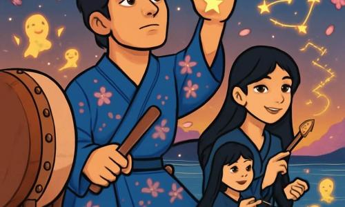 Un hombre llamado Akio, de unos treinta años, con cabello negro y ojos profundos, se encuentra en un embarcadero de madera, su rostro marcado por la emoción, una mezcla de determinación y serenidad. Lleva un kimono tradicional azul con motivos de cerezos en flor y mira al cielo con una estrella pintada en la palma de su mano, símbolo de esperanza. A su lado, Sayo, una joven de unos 20 años, con cabello largo y brillante, está sentada en el borde del muelle, sosteniendo un pincel dorado. Sonríe suavemente, sus ojos brillando de sabiduría, mientras dibuja constelaciones en el aire. El lugar es un embarcadero pintoresco, rodeado de cerezos en flor, cuyas pétalos caen como nieve rosa, con un río brillante abajo, reflejando los colores del cielo al atardecer. La escena principal muestra a Akio golpeando suavemente un gran tambor antiguo, que resuena en la calma de la noche, mientras espíritus luminosos bailan a su alrededor, creando una atmósfera mágica y pacífica, simbolizando la búsqueda de la armonía y el perdón.