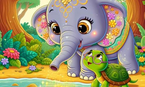 An elephant with large ears and sparkling eyes, named Ellie, stands by a shimmering river, wearing a delighted smile. Her body is a soft gray, adorned with colorful flower patterns on her back. Beside her, Benny, a wise turtle with a green shell and round glasses, curiously watches the golden light dancing underwater. They are surrounded by a lush jungle, where majestic trees with thick trunks rise toward the sky, and vibrant flowers line the path. The main scene shows Ellie reaching her trunk toward the water, fascinated by the mysterious golden glow emerging, while Benny encourages her with an admiring look.
