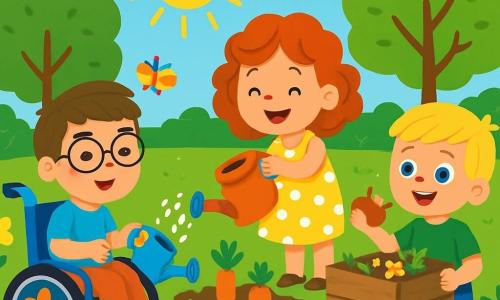 Ci sono 3 personaggi: Luca, un ragazzo di 8 anni con capelli castani e occhiali rotondi, seduto in una bella sedia a rotelle decorata con fiori, sorride tenendo un piccolo annaffiatoio; Sofia, una ragazza di 7 anni con capelli rossi e ricci, indossa un vestito giallo a pois e annaffia le piante con un grande sorriso; Marco, un ragazzo di 7 anni con capelli biondi e occhi blu brillanti, è in piedi accanto a un compost, tiene una mela a metà mangiata pronto a buttarla nel cumulo di rifiuti organici. Il luogo è un giardino lussureggiante, pieno di fiori colorati, alberi verdi e un piccolo orto con verdure fresche. Il sole splende in un cielo blu e farfalle volano intorno ai fiori. I tre amici si prendono cura del loro giardino: Luca annaffia le piante, Sofia aggiunge rifiuti organici al compost e Marco sorride tenendo la sua mela, tutti felici di proteggere la natura.