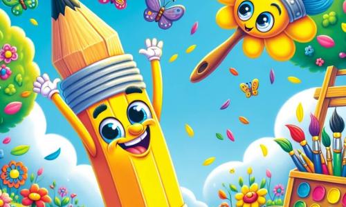 Un alegre lápiz llamado Pipo, con un cuerpo amarillo brillante y una sonrisa radiante, baila en medio de un jardín colorido, con los brazos levantados en señal de alegría. A su lado, su amigo el pincel Brillo, con pelos multicolores y ojos chispeantes, pinta flores en un lienzo, irradiando entusiasmo. El jardín está lleno de flores brillantes, mariposas revoloteando y un cielo azul celeste, creando una atmósfera mágica y primaveral. Pipo y Brillo organizan una búsqueda del tesoro, rodeados de sus amigos, mientras descubren maravillas ocultas entre las flores y los árboles, llenos de emoción y curiosidad.