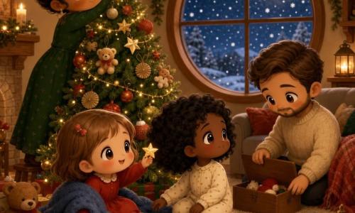 Hay cuatro personas: Lucía, niña de 2 años, pelo castaño claro corto, mejillas rosadas, lleva un vestido rojo y sostiene una mantita azul; Ana, niña de 2 años, pelo negro rizado y sonrisa tímida, lleva pijama de lunares crema, está a la derecha de Lucía tomada de la mano y mirando la ventana; la madre, unos 30 años, piel clara, pelo recogido en moño, vestido verde discreto, está detrás del árbol colocando una estrella dorada en la cima; el padre, unos 32 años, con barba ligera y suéter beige, sentado a la derecha abriendo una caja de madera junto al sofá. Lugar: salón navideño acogedor con luz cálida de vela, alfombra cremosa y un gran árbol decorado con guirnaldas doradas, pequeñas decoraciones de papel y peluches a los pies, ventana circular que muestra noche nevada con luna pálida. Situación: escena tierna y tranquila: las niñas de la mano frente al árbol mientras la madre pone la estrella y el padre abre la caja de juguetes, atmósfera cálida en tonos rojo, verde y dorado y expresiones de serena felicidad.