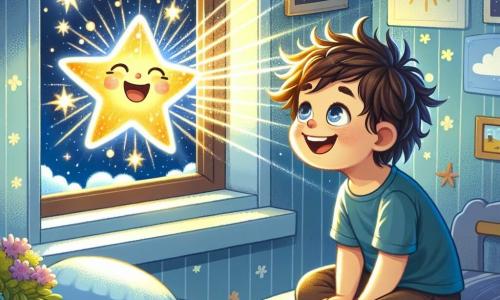 A 4-year-old boy named Leo, with messy brown hair and sparkling curious eyes, sits on the windowsill, a wide smile lighting up his face. He gazes in wonder at a bright star in the night sky, his hands resting on his knees, full of innocence and awe. Next to him, a shimmering star takes shape, with joyful faces and bursts of light, as if it were alive. It shines brightly, casting rays of light that illuminate the room. The scene takes place in Leo's bedroom, decorated with light blue walls and posters of planets and clouds. The open window lets in a gentle night breeze, and outside is filled with colorful flowers and a starry sky. The main situation shows Leo talking to the star, expressing his curiosity about the meaning of life and his own quest for happiness. The star gently explains the importance of sharing joy and finding purpose, creating a magical and philosophical moment under the starry sky.