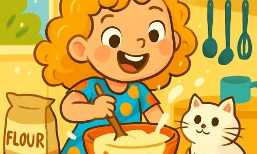 A 6-year-old girl with curly golden hair is wearing a colorful polka dot dress and has a big joyful smile, her eyes sparkling with excitement. She is mixing cake batter in a large bowl, with flour flying around her, creating a fun and chaotic atmosphere. Next to her, a fluffy white cat named Mr. Fluff watches curiously from the kitchen counter, ready to cause mischief. The kitchen is bright and welcoming, with pastel yellow walls, shelves filled with colorful jars of jam, and shiny kitchen utensils glistening in the sunlight coming through the window. In this scene, the little girl is trying to make a funny cake, with batter overflowing from the bowl and laughter echoing in the air, while Mr. Fluff seems intrigued by the joyful mess around him.