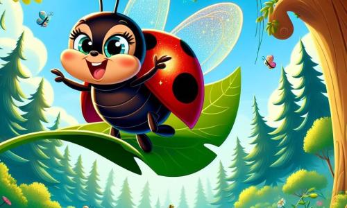 Una coccinella felice di nome Lola, con un brillante guscio rosso punteggiato di macchie nere, vola entusiasta sopra una foresta incantata, le sue piccole ali traslucide brillano al sole. Sorride ampiamente, gli occhi scintillanti di gioia, mentre si prepara ad atterrare su una foglia verde brillante. Nelle vicinanze, un piccolo scoiattolo di nome Pippo, con il pelo marrone e una coda folta, è appeso a un ramo, tenendo una grande foglia di platano trasformata in paracadute. Guarda Lola con ammirazione, pronto a incoraggiarla. Lo scenario è una foresta lussureggiante, piena di alberi maestosi, fiori colorati che danzano al vento e un cielo azzurro punteggiato di nuvole soffici. La scena rappresenta Lola in volo, circondata dai suoi amici animali, tutti riuniti per partecipare a una corsa gioiosa nel cielo, con risate e grida di eccitazione che risuonano nell'aria fresca della foresta.