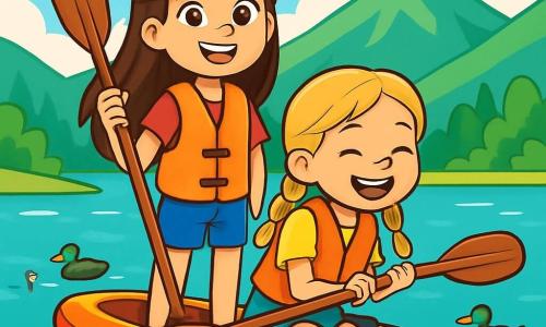 Una niña de 10 años, con largos cabellos castaños y ojos llenos de curiosidad, está de pie sobre un kayak colorido al borde de un lago brillante. Sonríe con emoción, con las mejillas ligeramente sonrojadas por el sol, mientras sostiene un remo de madera. A su lado, su amiga de 10 años, Mara, con trenzas rubias y una gran sonrisa, se inclina hacia adelante, lista para remar. Están rodeadas de montañas verdes, y el cielo es de un azul brillante salpicado de algunas nubes blancas y esponjosas. El agua del lago es de un turquesa vibrante, y patos nadan pacíficamente cerca, añadiendo vida a la escena. Las dos niñas están en plena aventura, listas para explorar las maravillas de la naturaleza que las rodea.