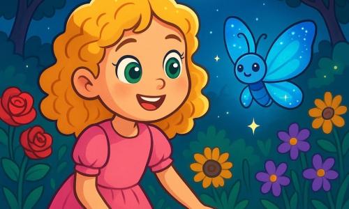A little girl named Lily, around 8 years old, with sparkling green eyes and curly blonde hair, stands at the edge of a shimmering pond in a magical garden. She smiles in wonder, her cheeks flushed with joy, as she gently touches the clear water with her fingers. Next to her, a lovely luminous butterfly named Luna, with iridescent blue wings that shine like stars, gracefully flits through the air, adding a touch of magic to the scene. The garden is filled with vibrant flowers — ruby roses, golden sunflowers, and shimmering violets — that seem to dance in the gentle evening breeze. Majestic trees with sparkling leaves surround the garden, creating an enchanted atmosphere under the moonlight. The main scene shows Lily discovering the magic of the garden, captivated by the beauty around her and ready to make a wish, while Luna, the butterfly, encourages her with a kind smile.